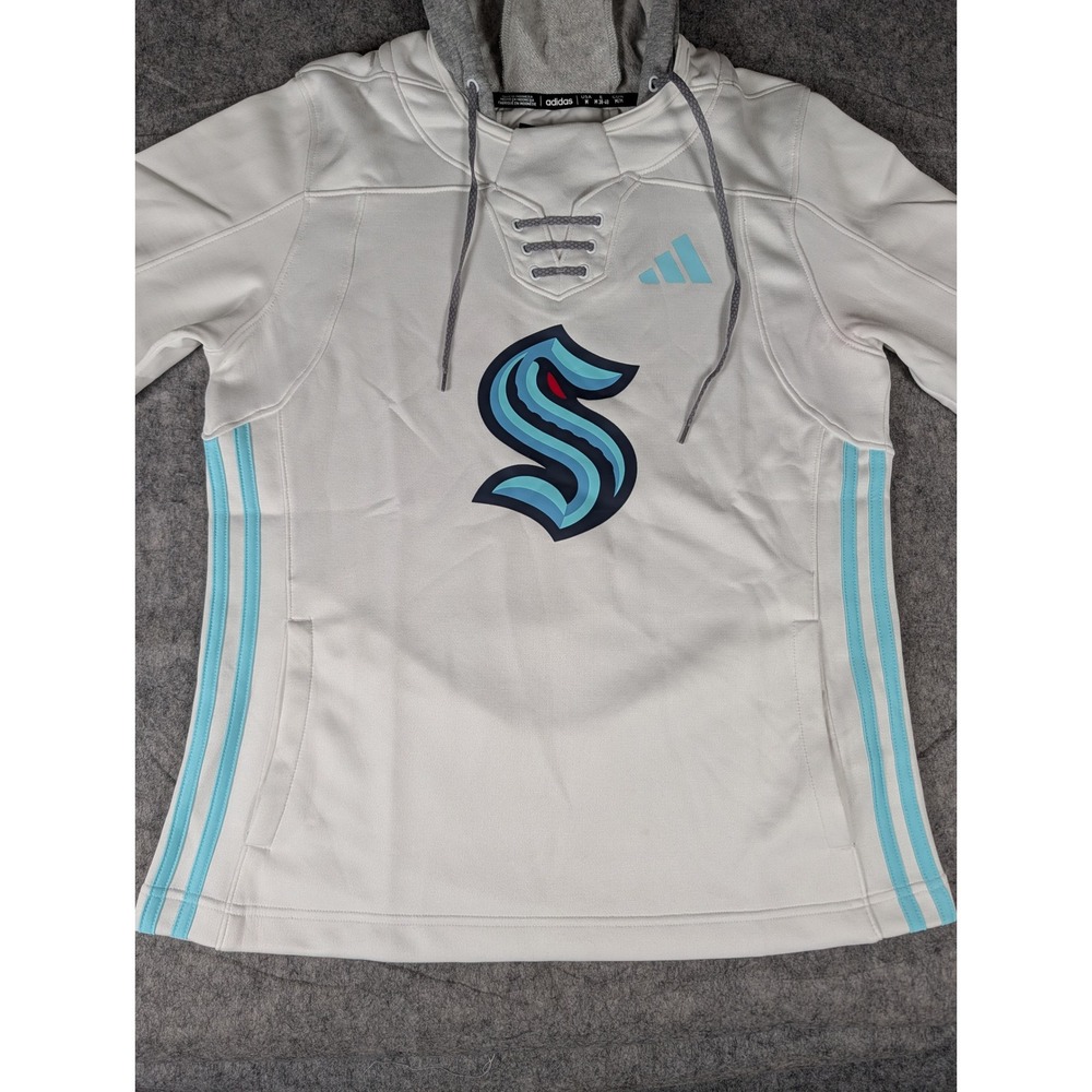 Adidas NHL Seattle Kraken Women White Lace Up Aeroready Hoodie Pullover Jacket - Picture 5 of 11